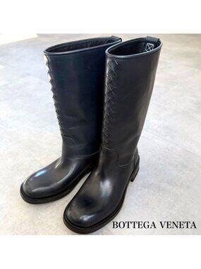 Bottega Veneta Intrecciato Long Boots Leather Dark Navy 35.5